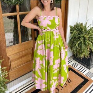 Peach Love Boutique Ric Rac Trim Back Tie Maxi Dress Olive/Pink Size M